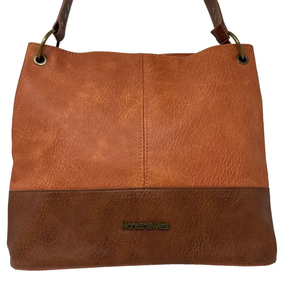 Montana West Hobo Tote Shoulder Bag Orange Brown Faux Leather Equestrian Lined